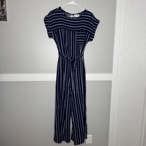 Monteau Jumpsuit Women Large Navy Blue White Striped Wide Leg Side Slit 42401